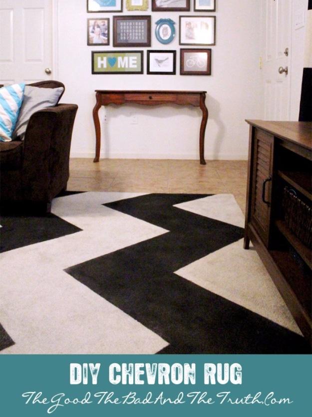 DIY Painted Chevron Stripe Rug, cheap to pull off with items from a bargain aisle and warmth that a plain corner was missing