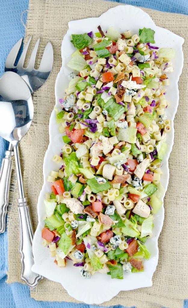 Portillo's chopped salad copycat with ditalini pasta, chopped lettuce, bacon, chicken and gorgonzola