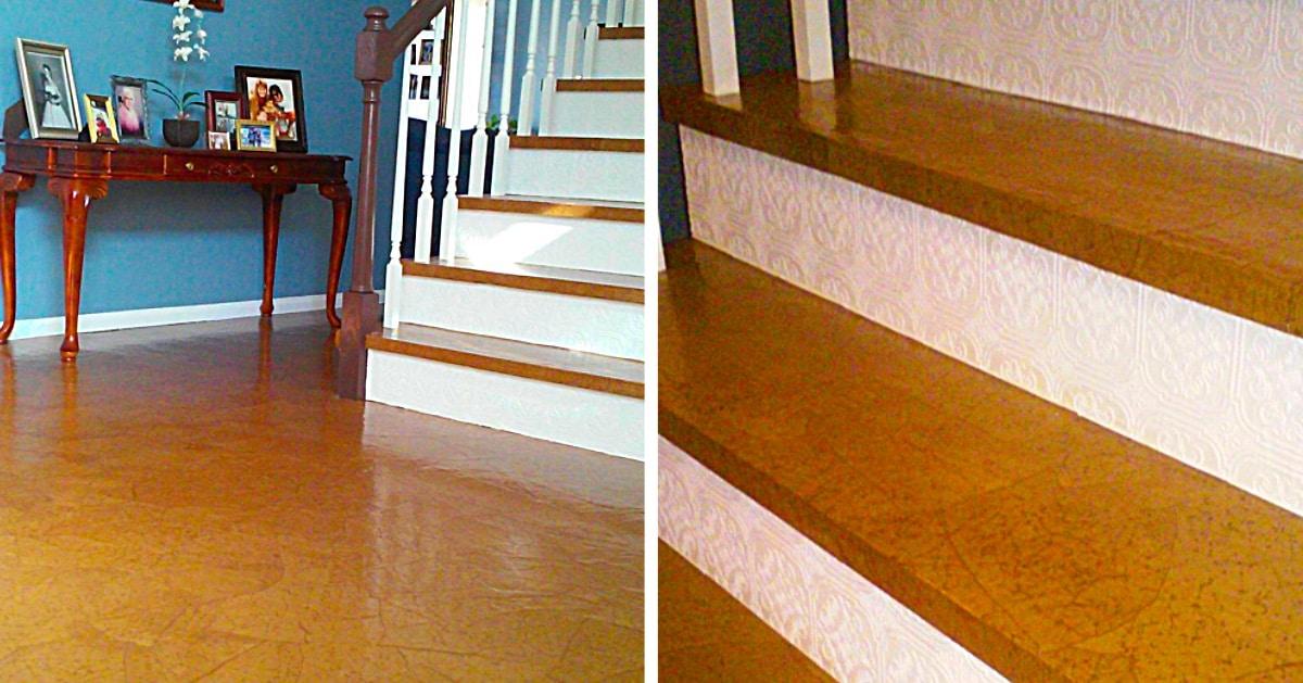 DIY brown paper floor, glossy torn craft paper hallway and stair treads sealed with polyurethane over plywood