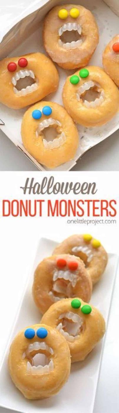 Homemade Halloween treat, simple make-ahead option and easy recipe inspiration, featuring Halloween monster donuts