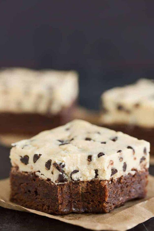 Chocolate chip cookie dough brownies with a thick pale cookie dough layer studded with mini chocolate chips