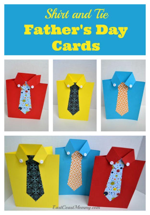 Shirt and tie Father's Day cards graphic, six red, yellow and blue paper shirts with patterned ties and buttons