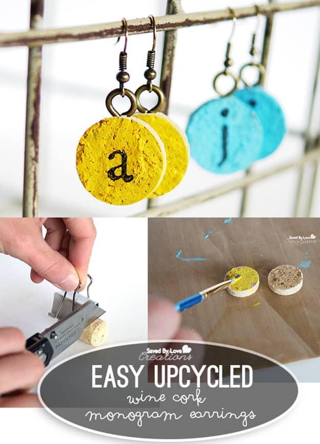 Wine Cork DIY Jewelry Projects & Tutorials - DIY Wine Cork Monogram Earrings - DIY Projects & Crafts by Sueeye #crafts
