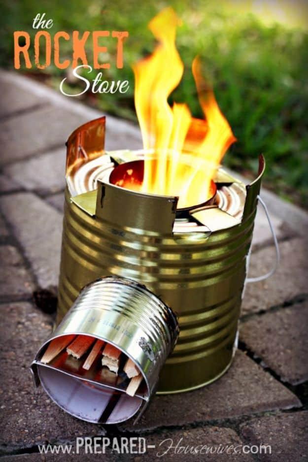 DIY rocket stove graphic showing a tin can stove burning wood on a patio, credited to Prepared Housewives