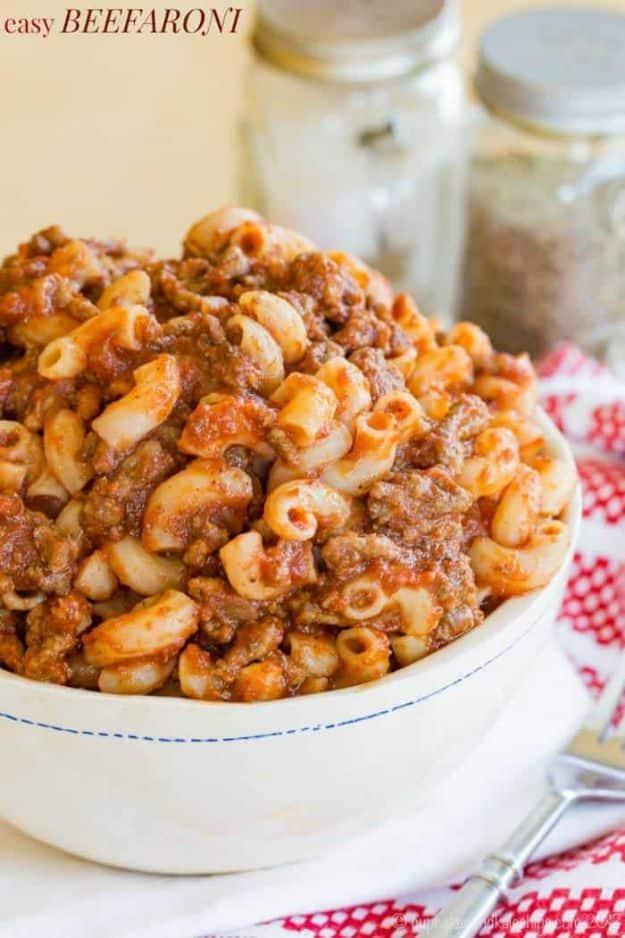 Easy homemade beefaroni with elbow macaroni and ground beef in a thick seasoned tomato sauce in a pot