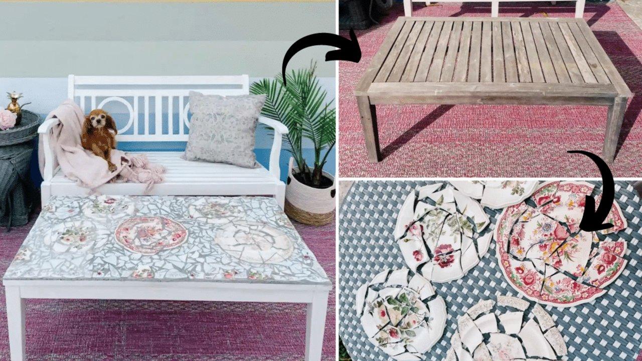 Easy DIY mosaic table, a weathered wood coffee table beside the finished white table topped with broken floral china