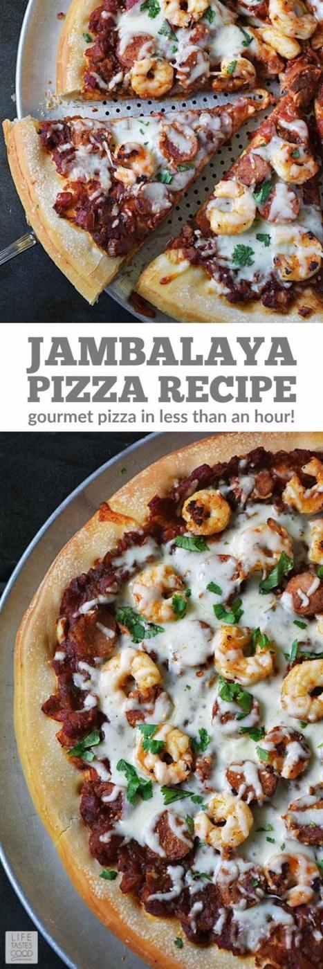 Jambalaya pizza with shrimp, sliced andouille sausage and peppers shown in a labeled two photo collage