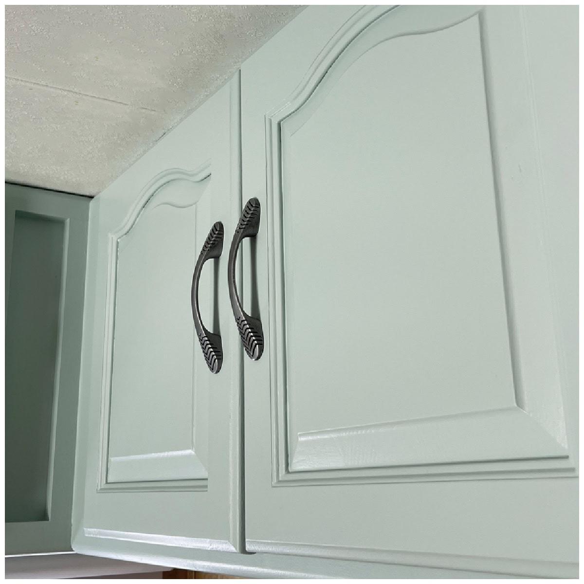 Painted cabinet doors in soft sage green with arched raised panels and dark bronze bar pulls, shown in close up