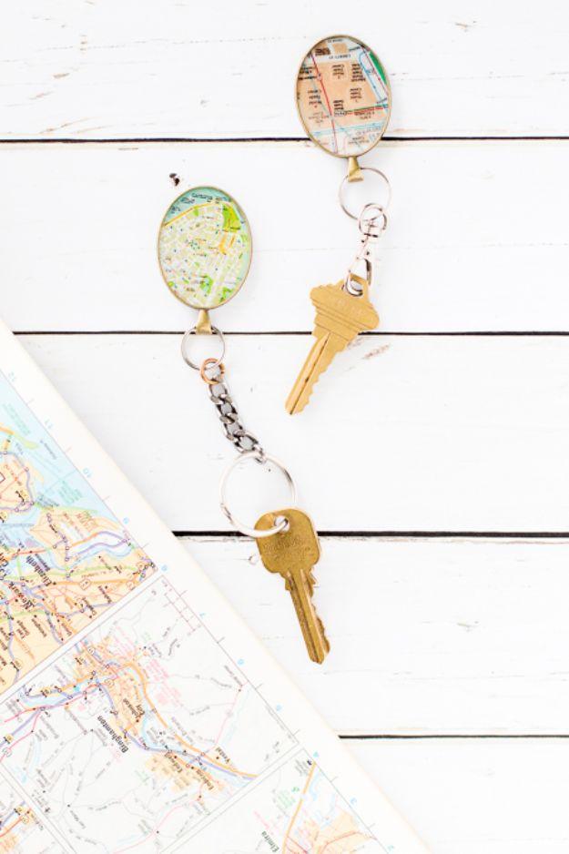 DIY Vintage Map Keychain, cheap enough to make a matching set for the family and a pick that outshines anything off a shelf