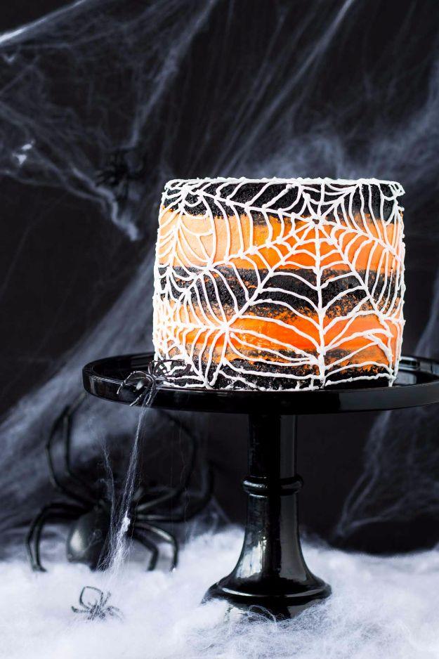 Spooky snack recipe with homemade party-table idea and creative Halloween recipe, featuring the finished spiderweb cake