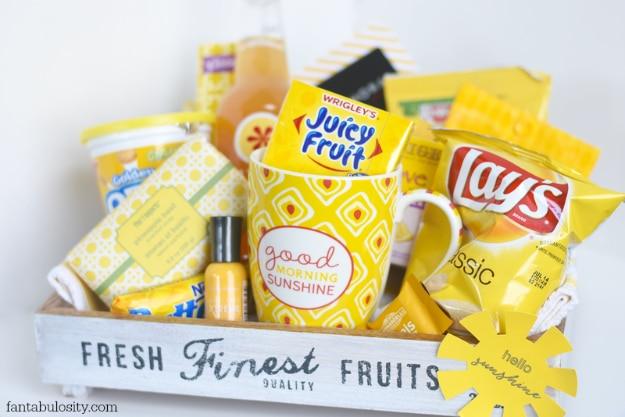 Housewarming gift idea packing a sunshine crate with cheerful yellow treats that the whole family can help put together