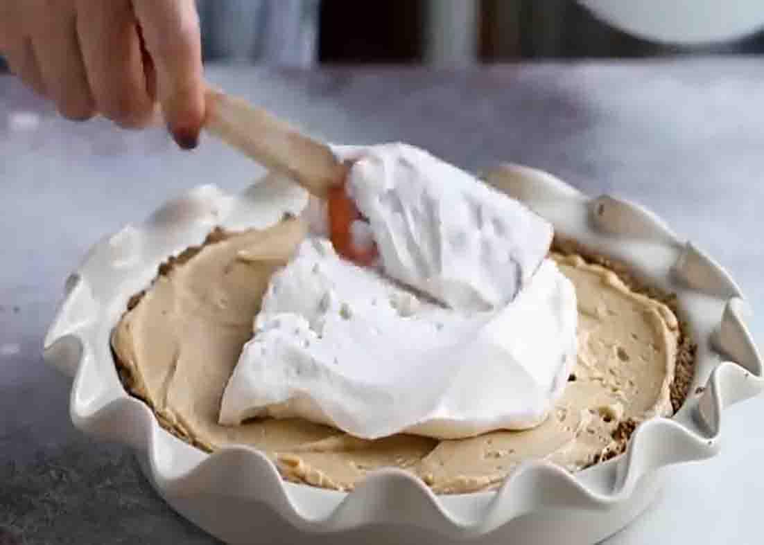 Assembling the no-bake peanut butter pie