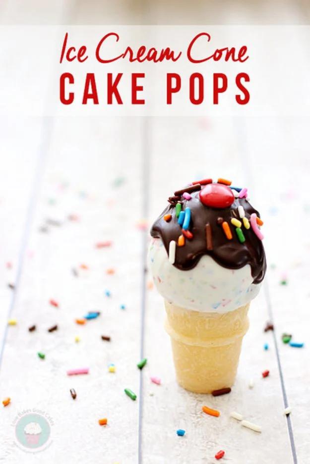 Ice cream cone cake pops served in mini cones with a candy cherry on top, an easy summer dessert that will not melt