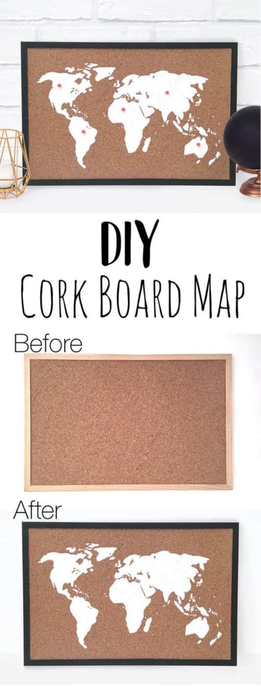 DIY Cork Board Map, cheap to pull off with items from a bargain aisle and warmth that a plain corner was missing