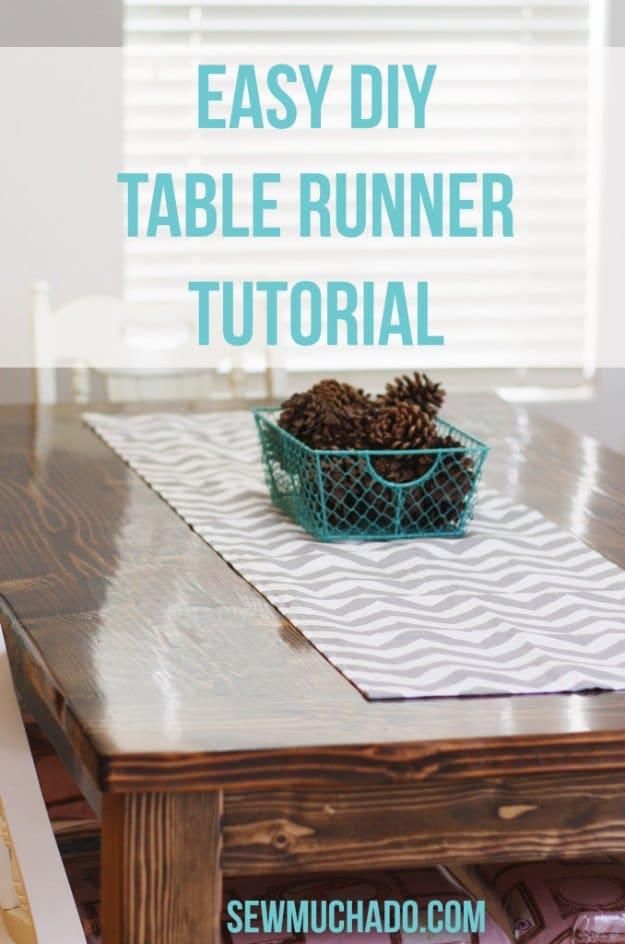 Easy DIY table runner, a gray and white chevron runner across a dark wood table with a wire basket of pinecones