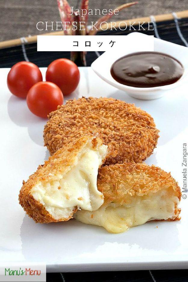 Graphic titled Japanese Cheese Korokke showing a panko crusted croquette broken open, cheese stretching