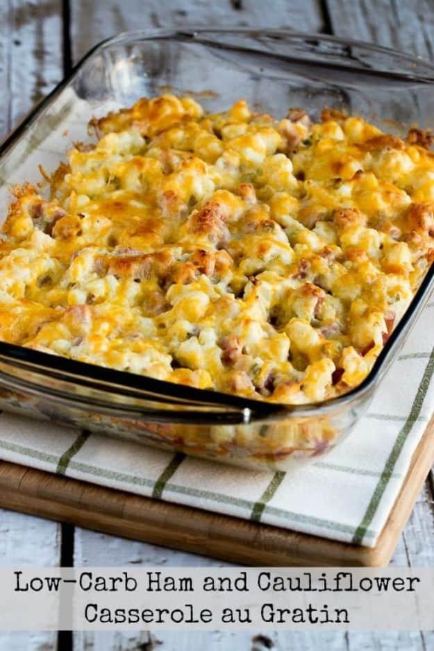 Low carb ham and cauliflower casserole au gratin under browned cheese in a glass dish with a title text band