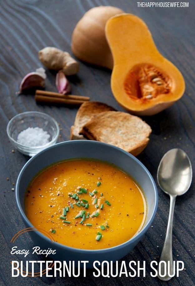 Butternut squash soup in a bowl, blended smooth and golden, made with apple, onion, garlic and thyme