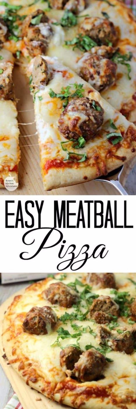 Meatball pizza slices topped with halved meatballs, ricotta and fresh basil shown in a two photo collage