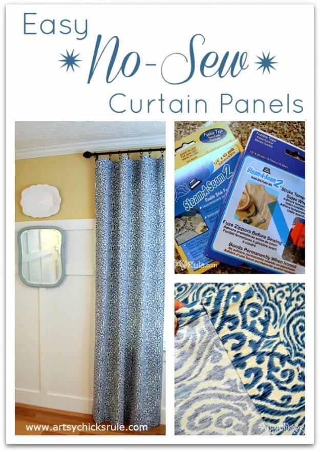 Pin collage of easy no sew curtain panels in blue and white print, with packages of fusible tape and a hem