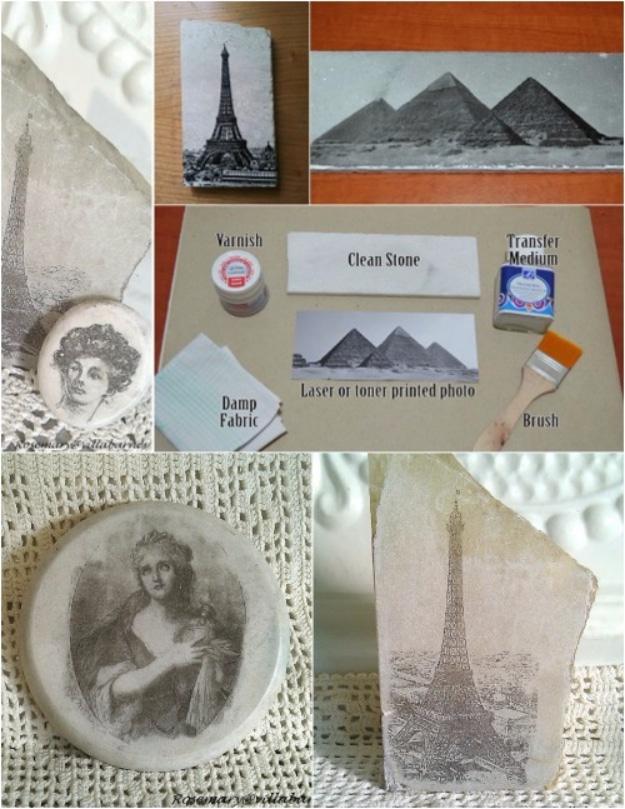 Stones printed with photo transfers of the Eiffel Tower, pyramids and a portrait, with the supply list laid out