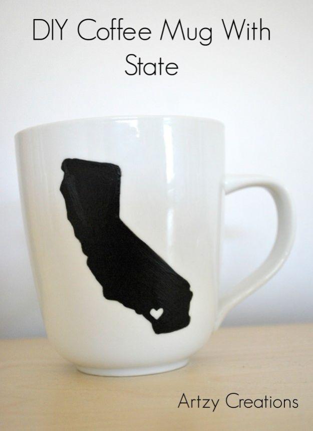 DIY Coffee Mug With State, a popular choice on this list and a pretty handmade piece for a state themed gallery wall