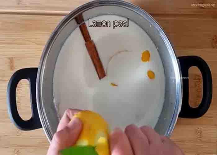 Making the milk mixture for the apple pudding