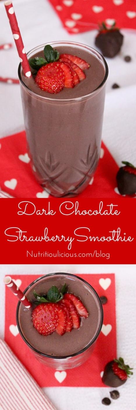 Red text band between two photos of a tall chocolate strawberry smoothie topped with fanned fresh strawberry slices