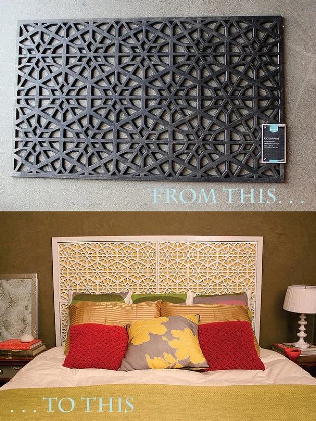 West Elm inspired Morocco headboard, a black rubber fretwork doormat above the cream painted headboard it became
