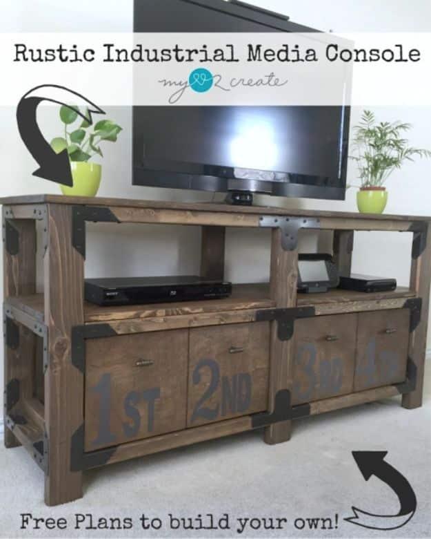 Rustic Industrial Media Console, flexible enough to adjust as you go and a clever way to use what you already own