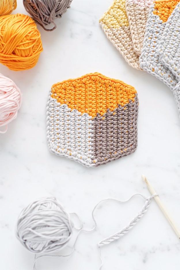 3D Cube Style Crochet Coasters, doable in a single sitting with basic tools and a detail guests always ask about