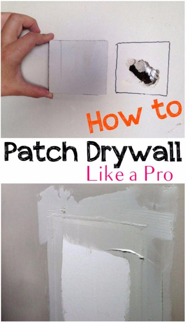 Graphic reading How to Patch Drywall Like a Pro, with a hand holding a square patch over a hole in a white wall