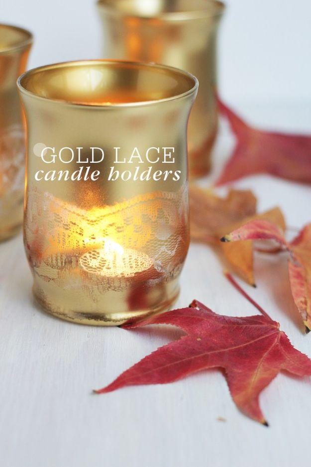 DIY Candle Holders - Gold Lace Candle Holders - Easy Ideas for Home Decor With Candles, Tall Candlesticks and Votives - Fun Wooden, Rustic, Glass, Mason Jar, Boho and Projects With