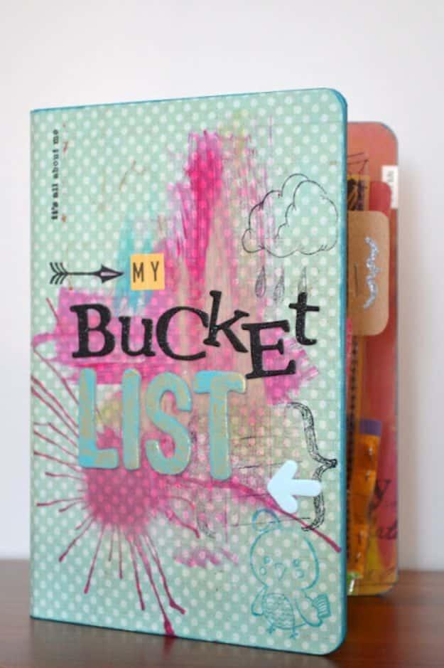 Smash journal bucket list with a teal polka dot cover, My Bucket List in cut out letters and tabbed pages inside