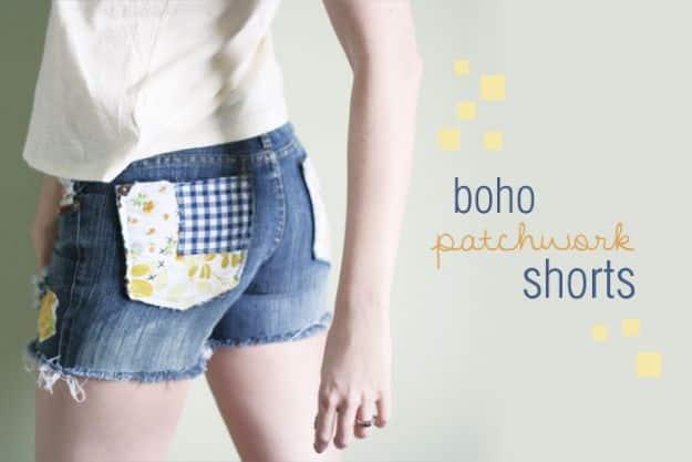 Denim cutoff shorts patched with yellow floral and blue gingham fabric squares, worn with a white top