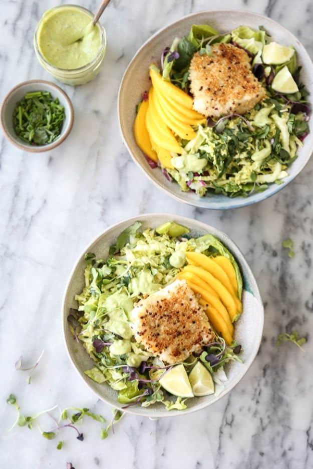 Recipes for Clean Eating - Healthy Fish Taco Bowls with Mango and Avocado Slaw -Raw and Whole Foods, Unprocessed Meal and Snack Ideas for Lunch and Dinner - Fresh, Healthy Foods an