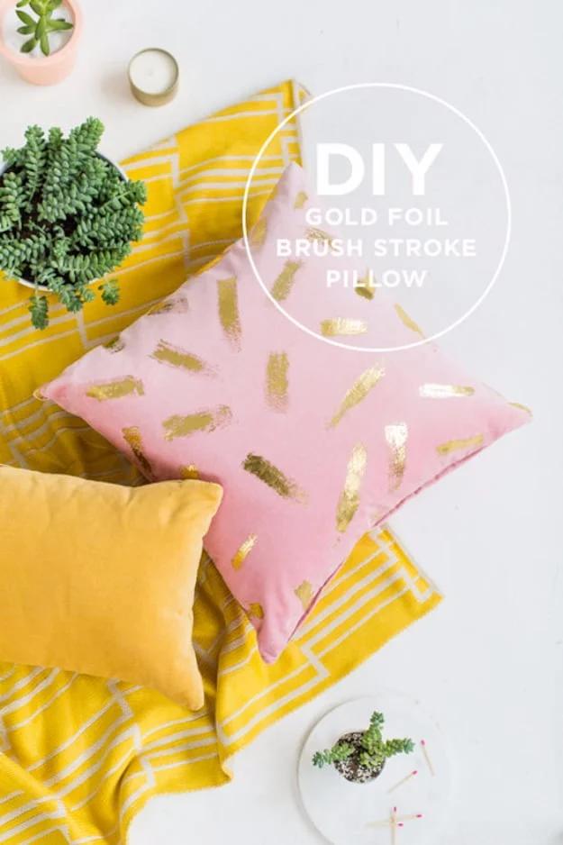 DIY Gold Foil Brush Stroke Pillow, a DIY gift for girls, great for a first time gift maker to attempt