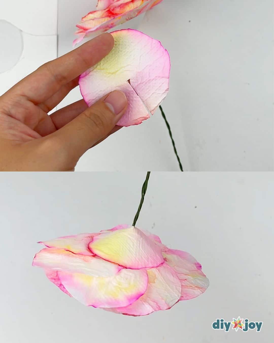 Home decor ideas using handmade paper flowers, toilet paper roses styled as a soft table centerpiece