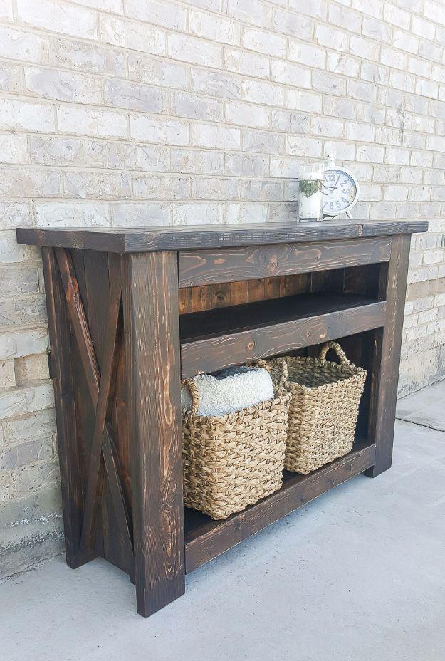 Chunky X Media Console, easy enough for a beginner to follow and a nice way to make a plain corner feel finished