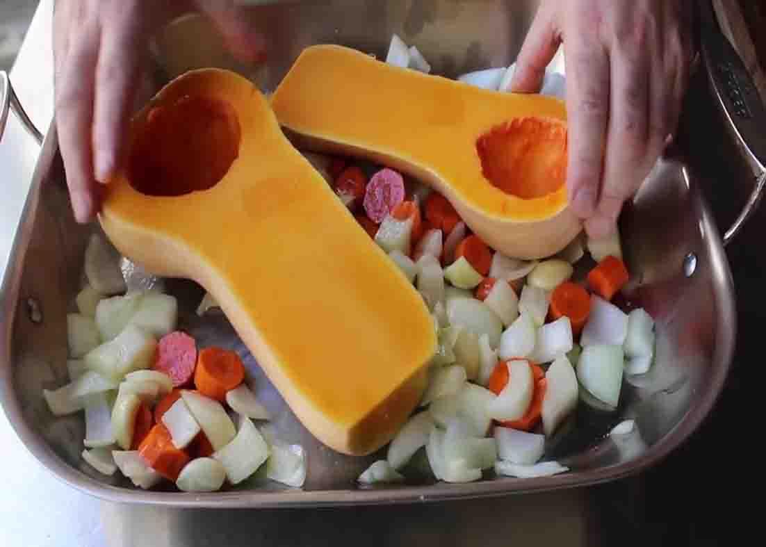 Roasting the veggies for the butternut squash soup recipe