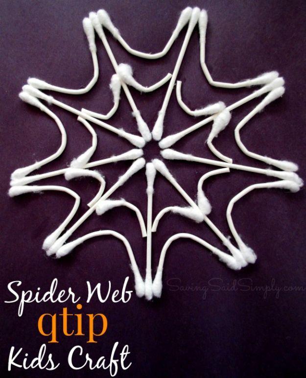 Pin graphic reading Spider Web Q-Tip Kids Craft, a white cotton swab spider web glued onto purple paper