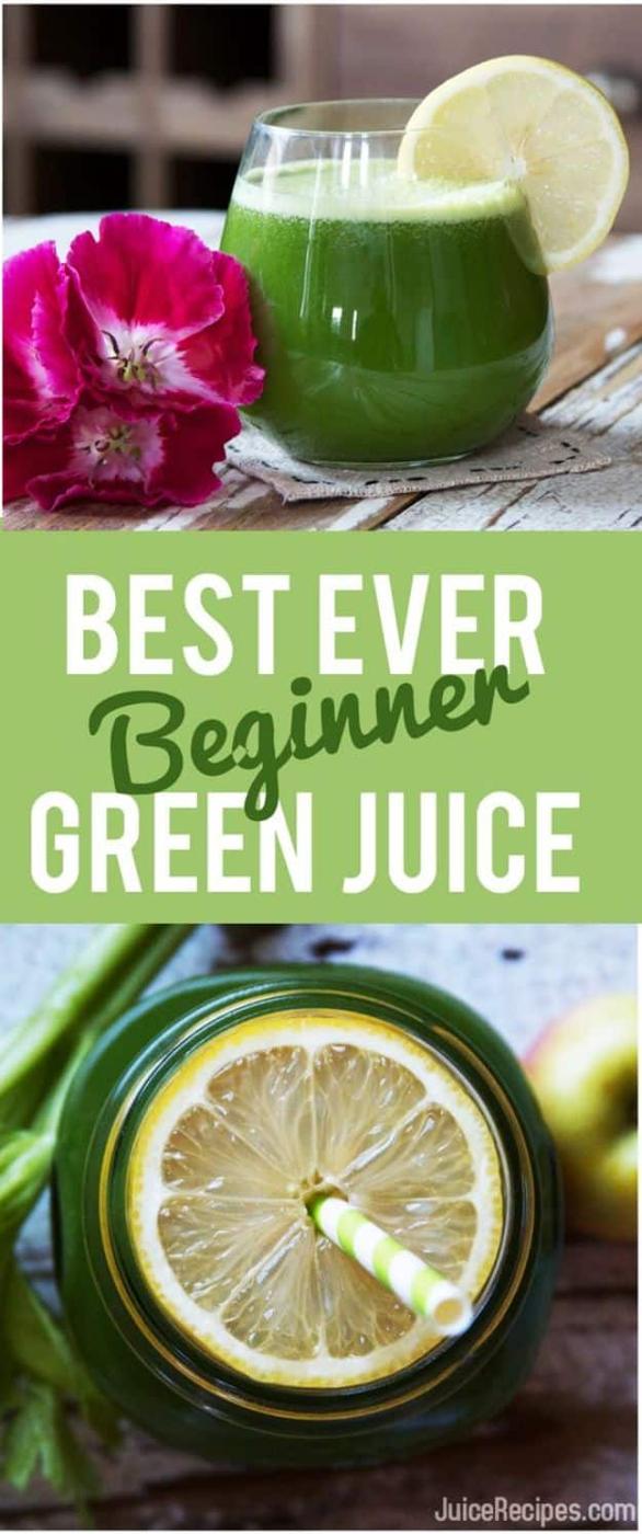 Beginner green juice in a glass mug with a lemon slice on the rim and a green apple waiting beside it