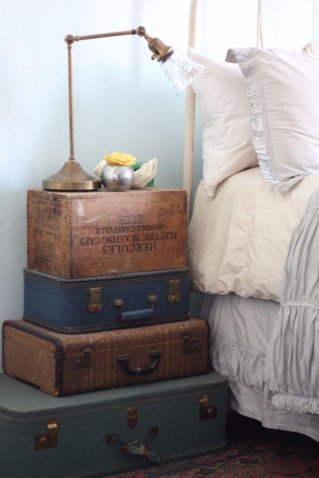 Stacked Vintage Suitcase Nightstand, a simple project that fits a small bedroom corner and it is easier than it looks