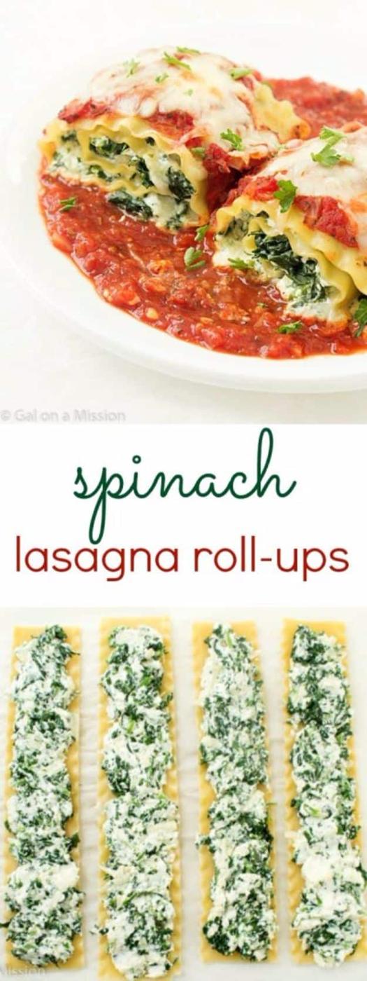 Typeset pin graphic reading spinach lasagna roll-ups with plated roll-ups above four filled flat noodles