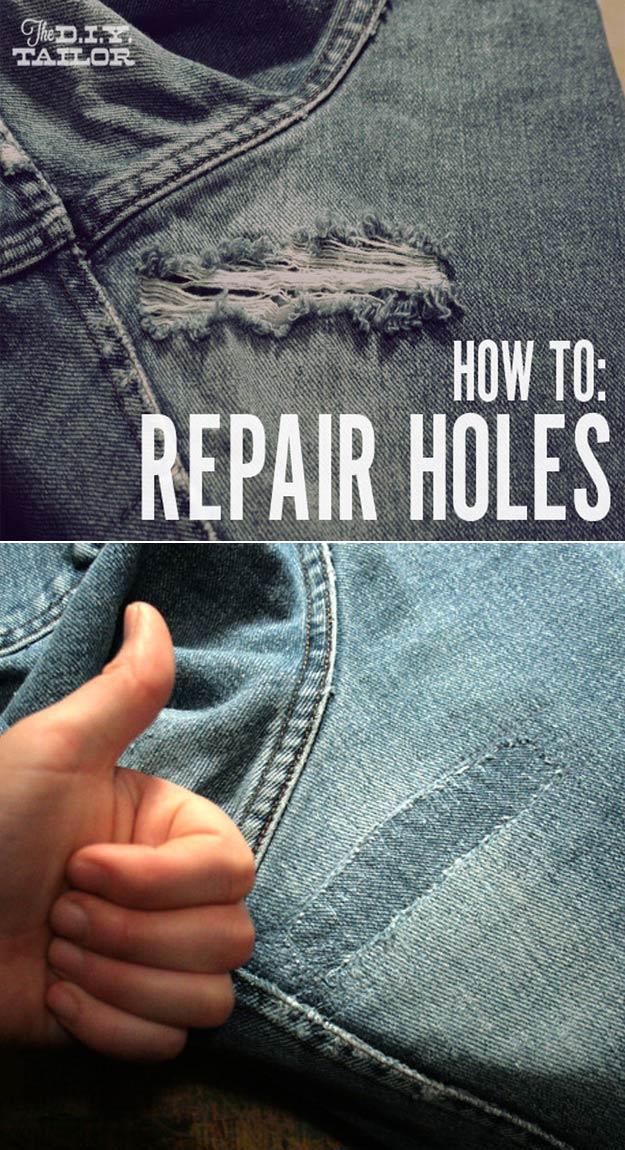 Clothing repair hack for denim, a frayed hole in jeans above the same spot patched and stitched closed