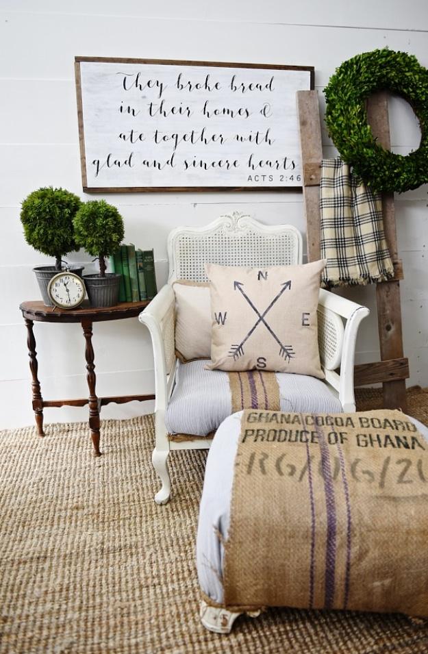 Grain sack chair makeover, a white cane back chair beside an ottoman covered in a printed burlap cocoa sack with a stripe
