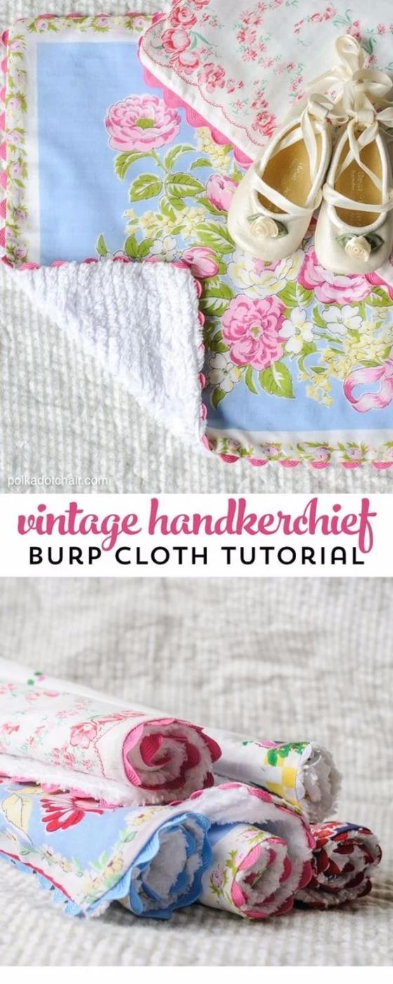 Floral vintage handkerchief burp cloth backed in white chenille with pink ric rac trim, beside baby shoes
