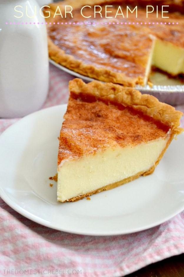Sugar cream pie in a deep dish crust with a smooth eggless custard filling and a cinnamon sugar topping