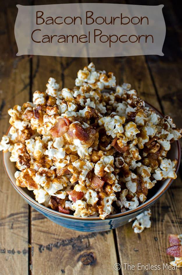 Cheap Party Food Ideas for Adults | Bacon Bourbon Caramel Popcorn Recipe | DIY Projects & Crafts by Sueeye #appetizers #partyfood #recipes