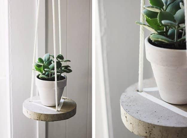 DIY round concrete hanging planter, a flat gray cement disc on three white ropes holding a potted green plant